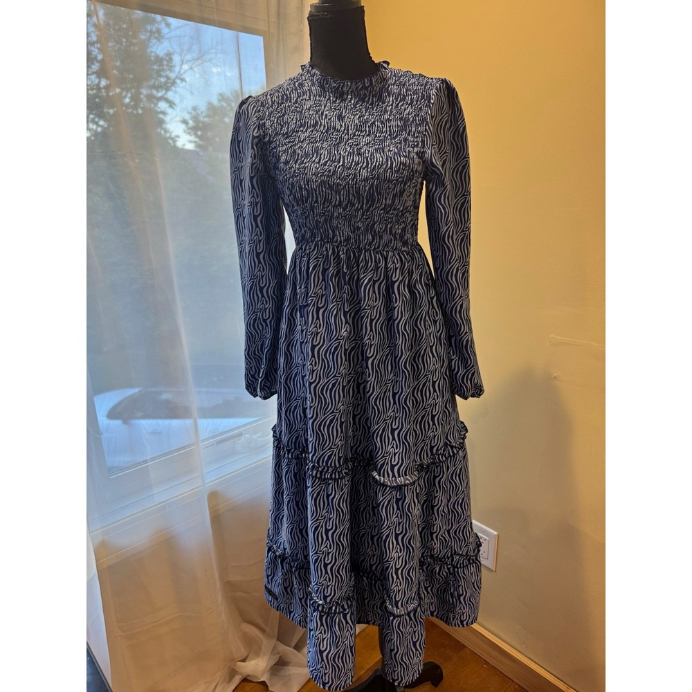 Simply Southern Blue White Abstract Smocked Lined Midi Dress High Neck M